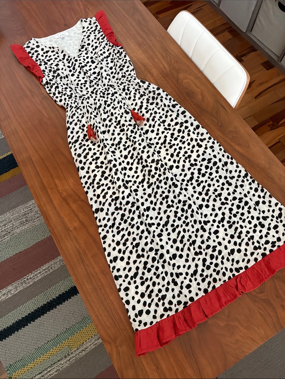 THML Boutique Dalmatian Print Midi Dress with Red Ruffle Trim Tassel Tie Size XS - Picture 2 of 9